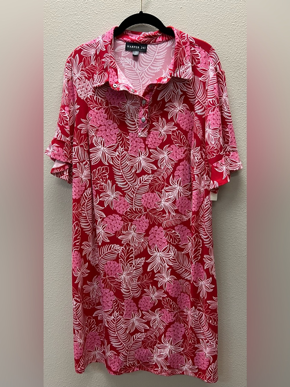 Harper 241 NEW/TAGS 1X  Pink & Red Leaf-Print Polo Dress
